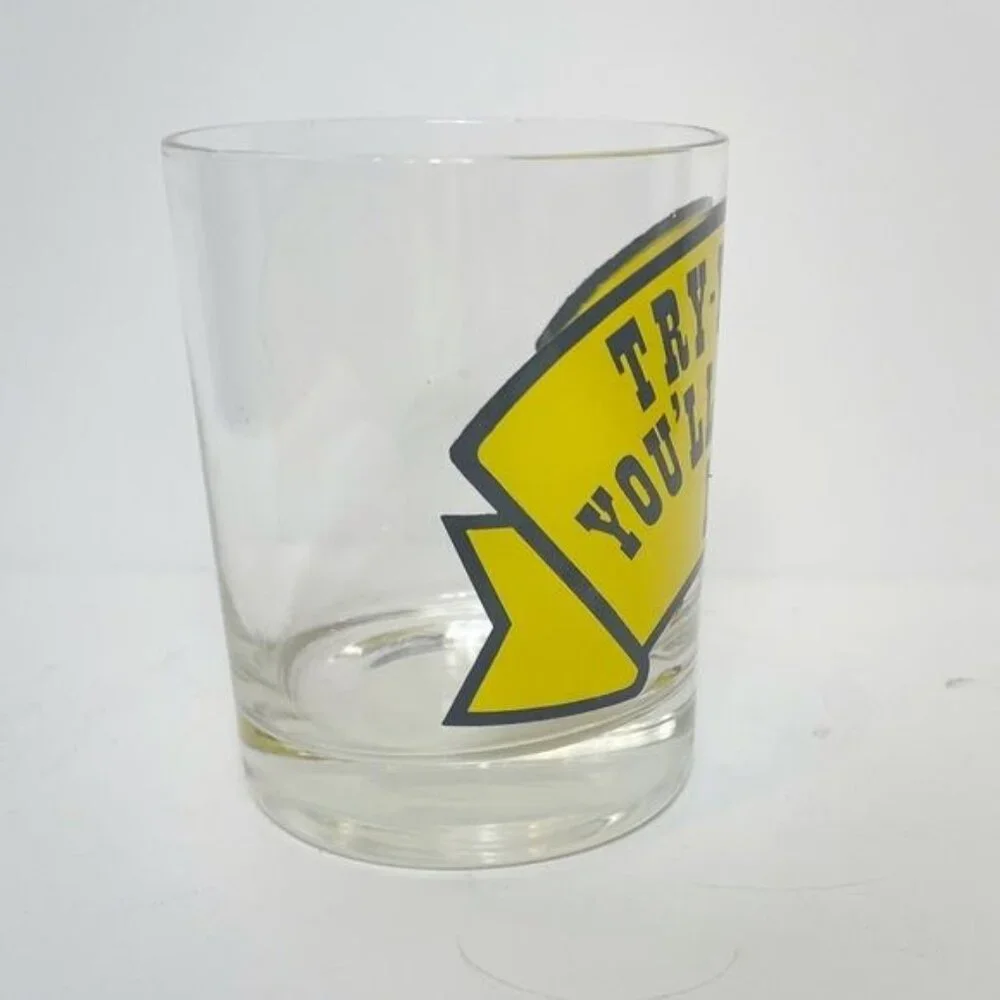 Try-Y-Y It Youll Like It Vintage Yellow Bar Glass Tumbler 80s Collectible
